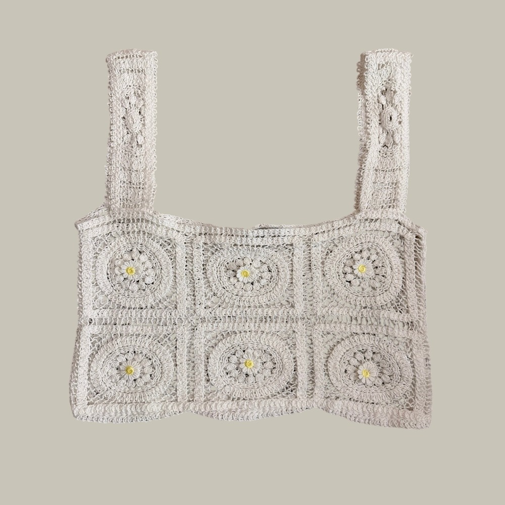 Papaya Crochet Crop Top White Floral Granny Square Boho Tank Medium